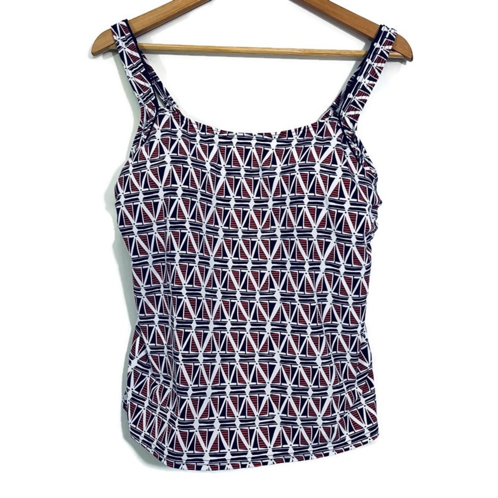 Lands’ End Tankini Bathing Suit Top - Navy Blue/White/Tangerine Orange - Size 10